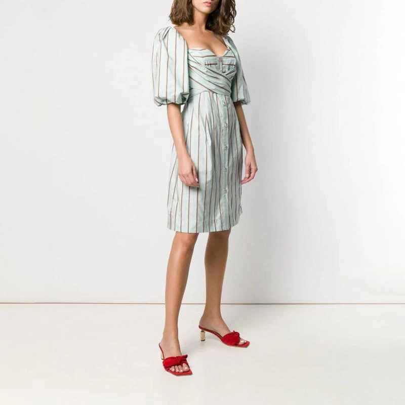 

VGH 2019 Summer Knee-Length Striped Dress Women Square Collar Puff Sleeve Backless Bow Casual A Line Female Dresses Fashion New