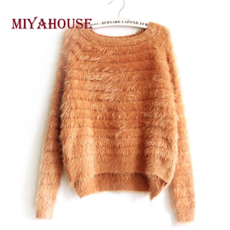 

Miyahouse Mohair Casual Solid Color Loose Women Knitted Sweater O-Neck Flare Sleeve Pullovers Short Front Autumn Sweater Female