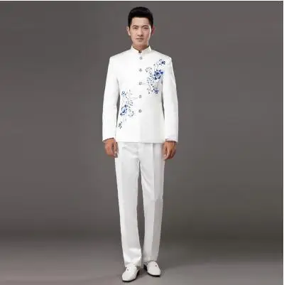 White 3 Тан костюмы Производительность этап хор человек Костюмы ретро китайском стиле хост туника костюмы пальто+ брюки красный, Белый Мужская Уникальный одежда - Цвет: White 3
