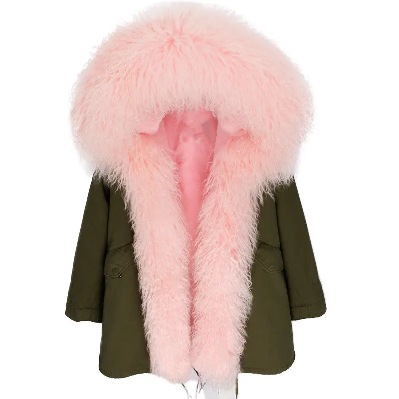 green pink Новая женская одежда, пальто с натуральным мехом, длинная парка, зимняя куртка, повседневная куртка с воротником из натурального меха монгольской овцы, Толстая теплая уличная одежда с капюшоном - Цвет: green pink