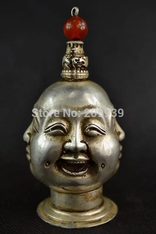 

huij 005653 CHINESE OLD WHITE COPPER HANDWORK CARVING 4 FACE BUDDHA SNUFF BOTTLE A0403