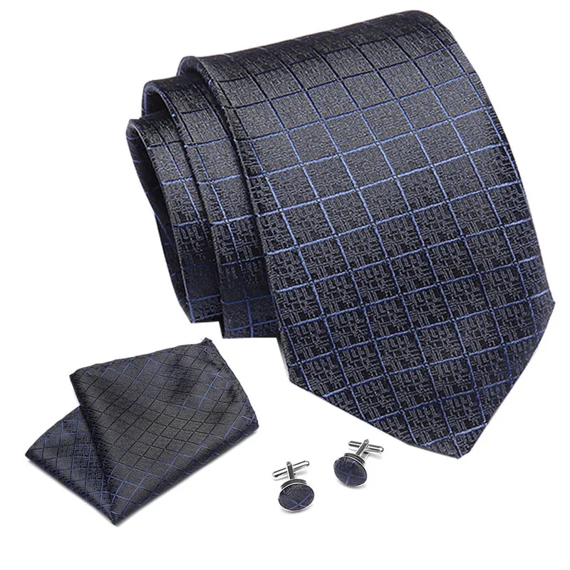 

New Plaid Dark Blue Tie Extra Long size Floral Tie Hanky Cufflinks Sets Men's 100% Silk Ties for men Formal Wedding Party Groom
