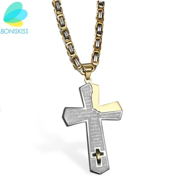 

Boniskiss Hot Men's Jewelry Gold/Black/Silver Color Spanish Letter Stainless Steel Bible Cross Necklaces & Pendants For Men
