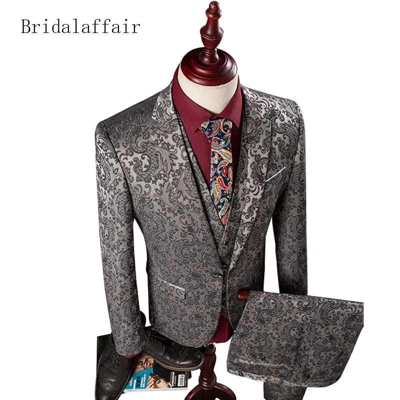 

Bridalaffair Mens Suits With Pants Set Floral Jacquard Wedding Prom Suits for Men Slim Fit 3 Pieces Tuxedo (Jacket+Vest+Pants)