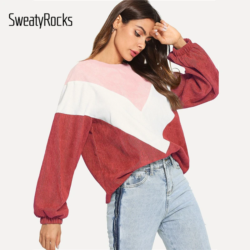 SweatyRocks عارضة Colorblock أسقف كم كودري البلوز طويل كم جولة الرقبة البلوفرات 2018 الخريف النساء بلوزات