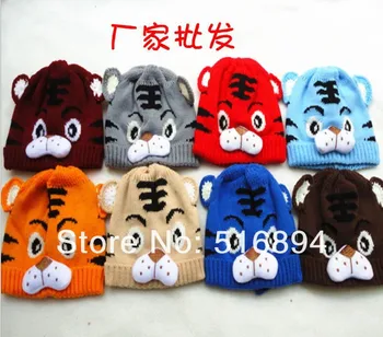 

10Ppcs/lot Popular Children Cotton Hat Tiger Cute Cap Cartoon boy girls Crochet Beanie Knitted Cap Free Shipping 8 colors