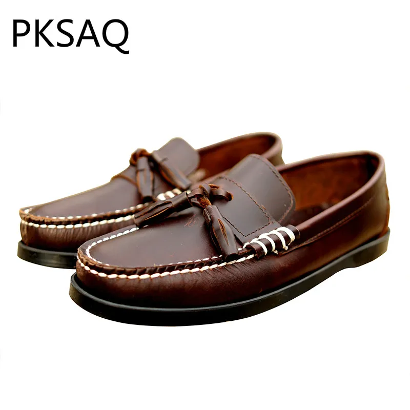 

Spring Autumn Deep Brown Retro Style Makehand Men Leather Casual Shoes Round Toe Drive Fashion Flat Men's Boat Shoes Size37-46