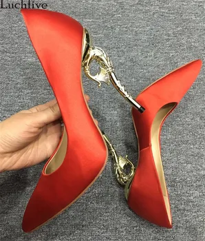 

Luchfive Candy color pumps pointed toe solid silk silver golden hippocampus meatl high heels stiletto bridal wedding shoes women