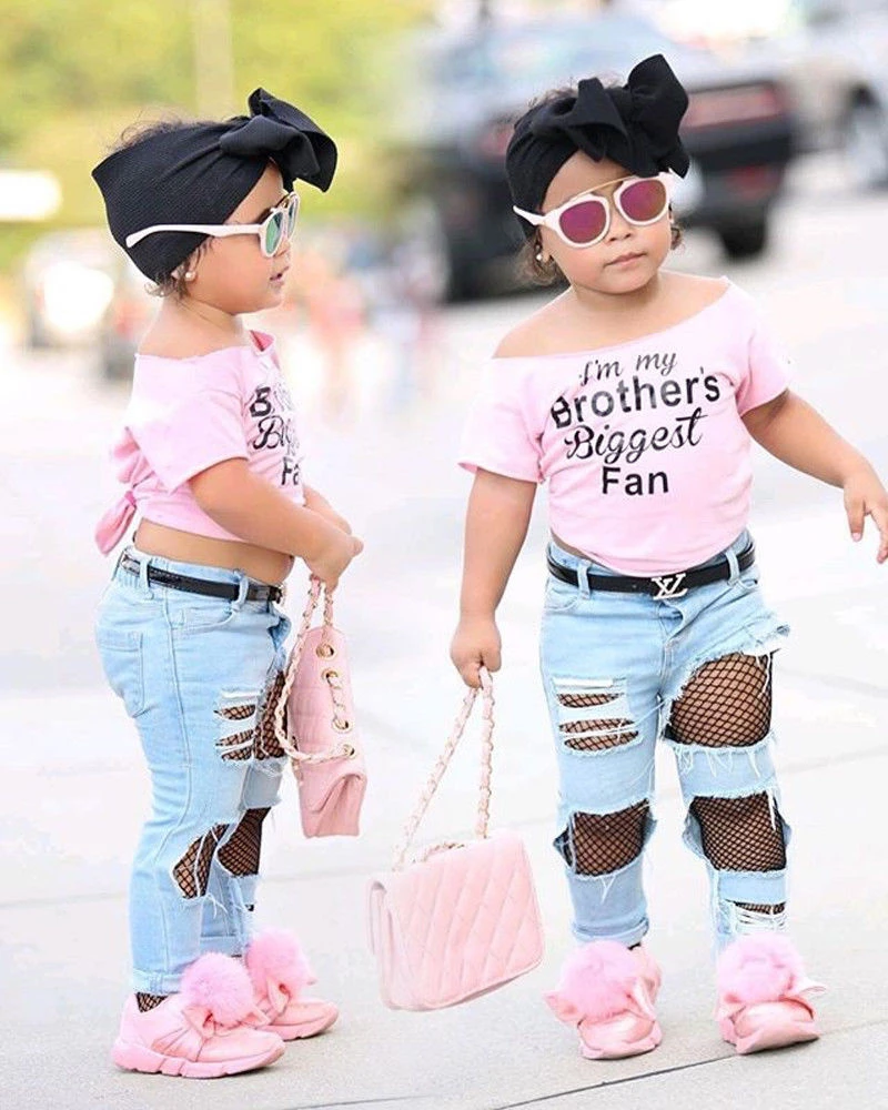 

2PCS Fashion Newborn Toddler Kids Girl Clothing Set Short Sleeve Cotton T-shirt Tops Net Hole Denim Pant Jean Outfit Clothes