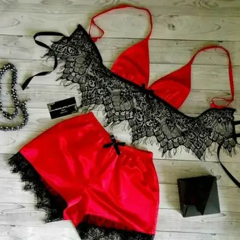 

2019 NEW Women Sexy Sleeping 2Pcs Satin Silk Babydoll Lace Nightwear Night Clothes Set Summer