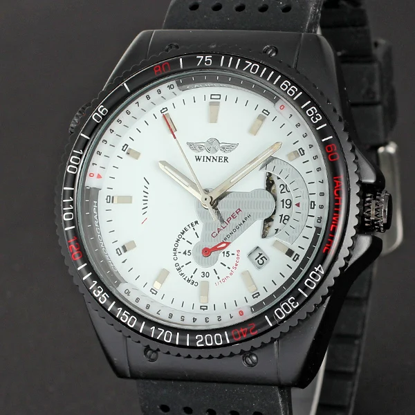 

WINNER Men Tachymeter Classic Caliper Design Hollow Dial Sports Watch Fashion Silicone Mechanical Automatic Calendar Watch