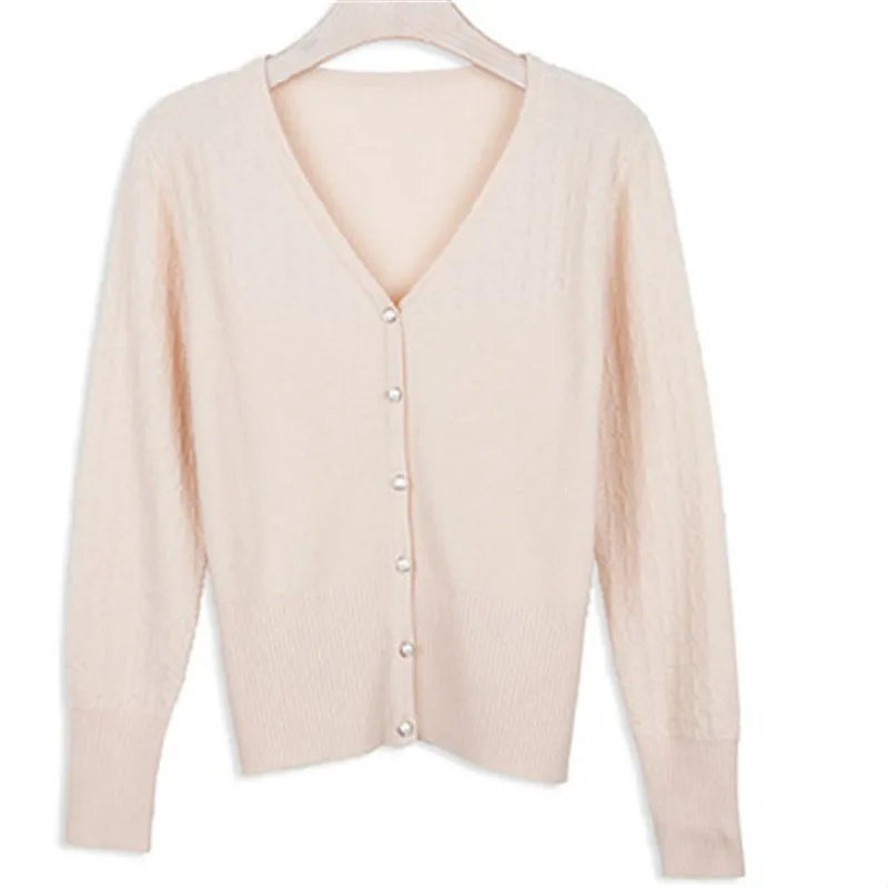 Шерсть однотонный вязаный женский корейский стиль Vneck короткий свободный свитер кардиган однобортный черный 6 цветов m-xl
