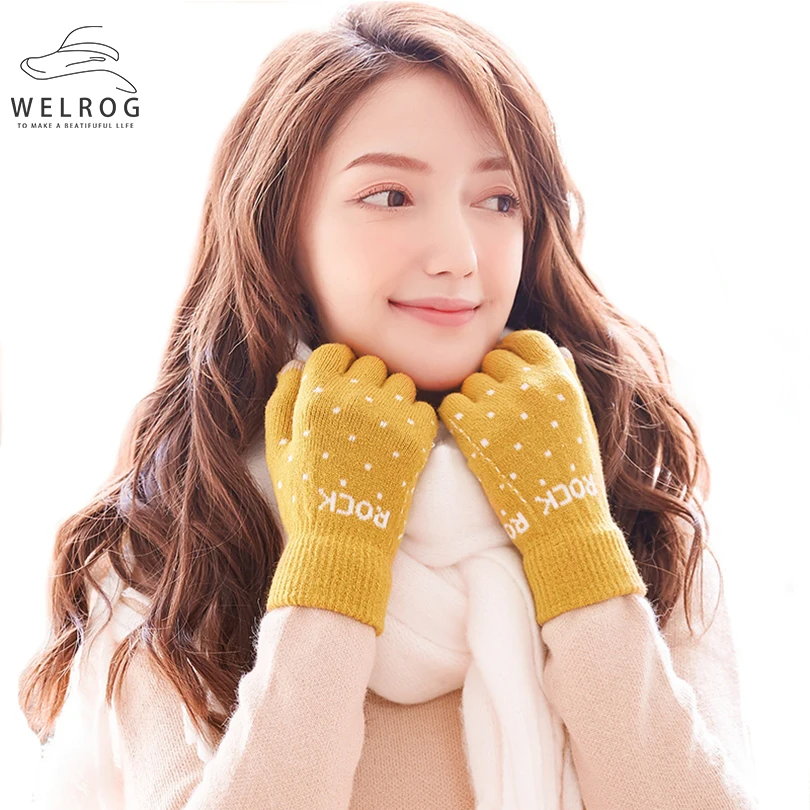 WELROG женские зимние; теплые; Термо Перчатки с сенсорным экраном женские вязаные Doted перчатки для девочек зимние перчатки для вождения пять пальцев