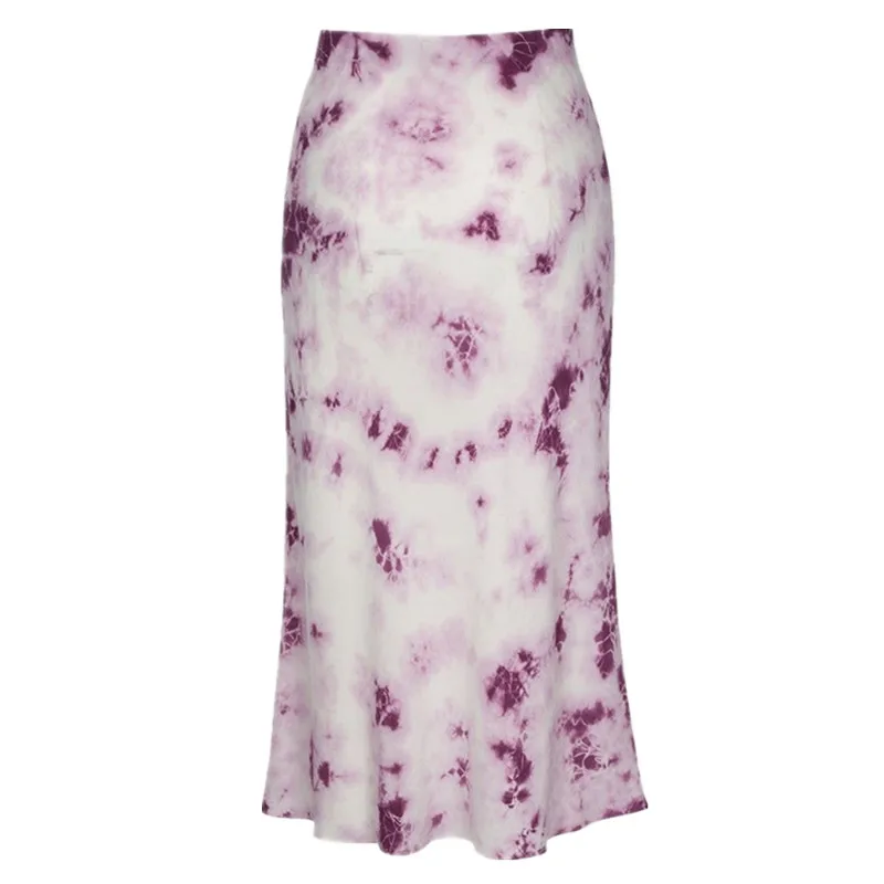 

100% Silk Women's Summer Purple dyed Print Wild High Waist Elastic Tension Fishtail Half-Length Skirt
