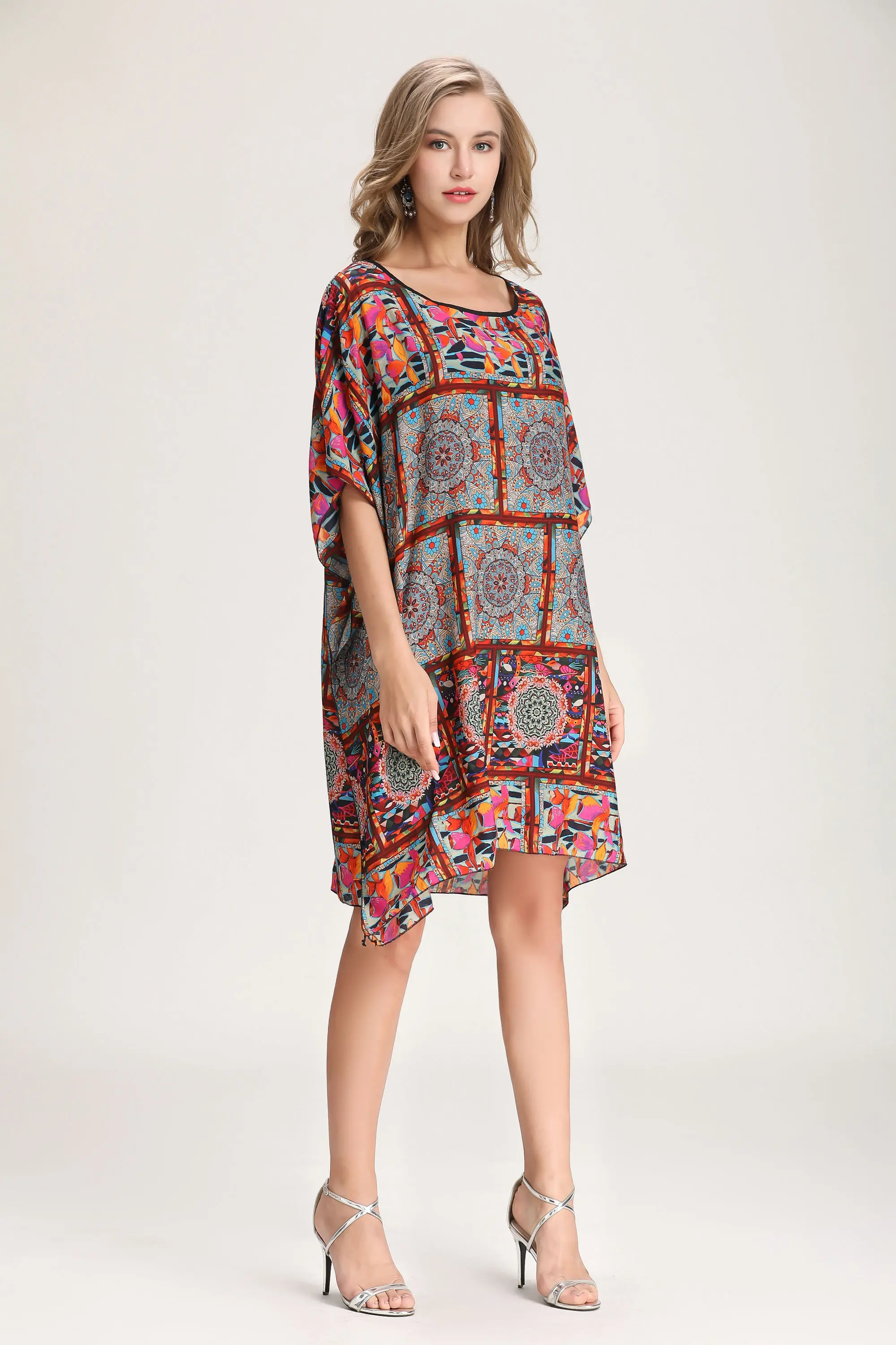 BUYSD летние женские свободные платья boho silk o-образным вырезом длиной до колена в стиле пэчворк женские летние богемные платья с рукавом «летучая мышь»