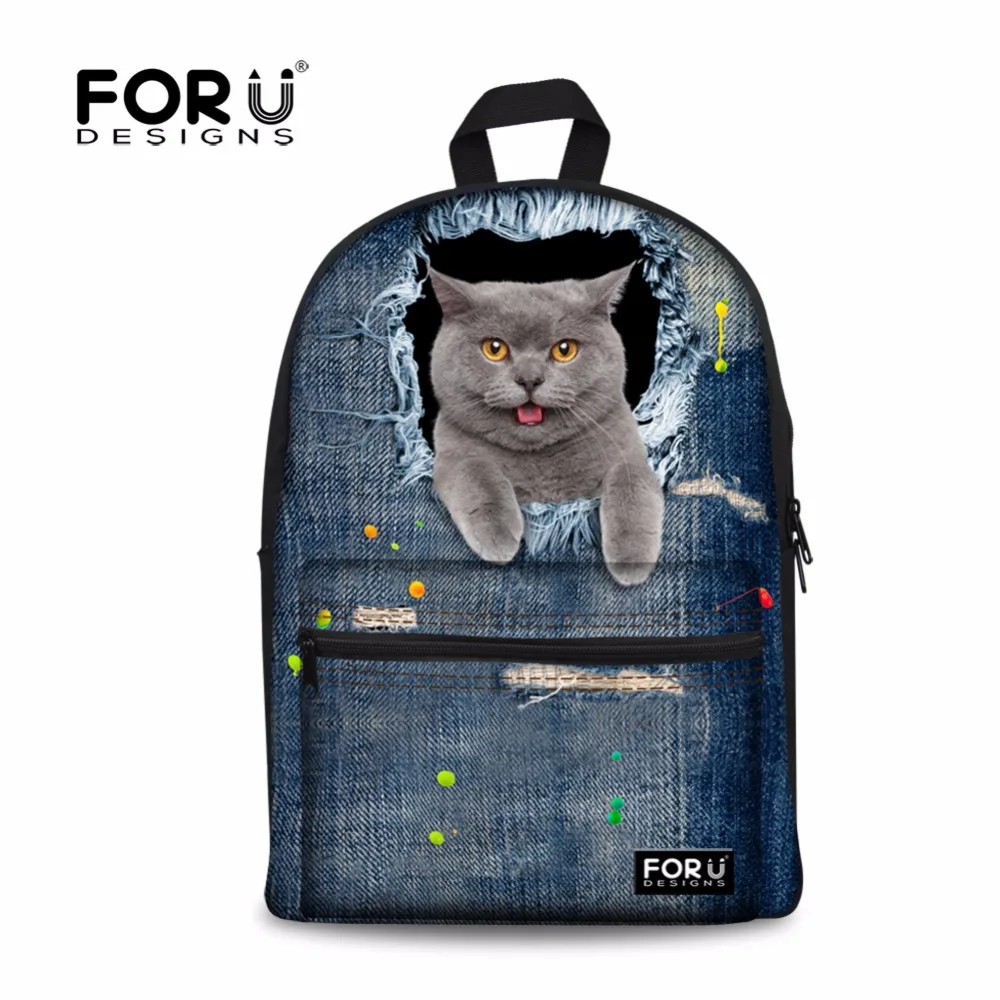 Super Cute Women Backpacks American Apparel Denim Cat Printing Backpack
