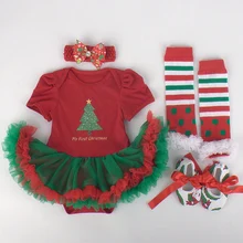 4PCs per Set Baby Girls My First Christmas Outfits Tree Tutu Dress Headband Shoes Leggings for 0-12months Free Shipping