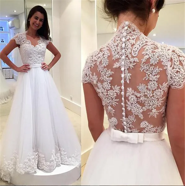 New Maternity Women Princess Bridal Gowns Illusion Back Covered Buttons Court Train Spring Modest Lace Wedding Dresses