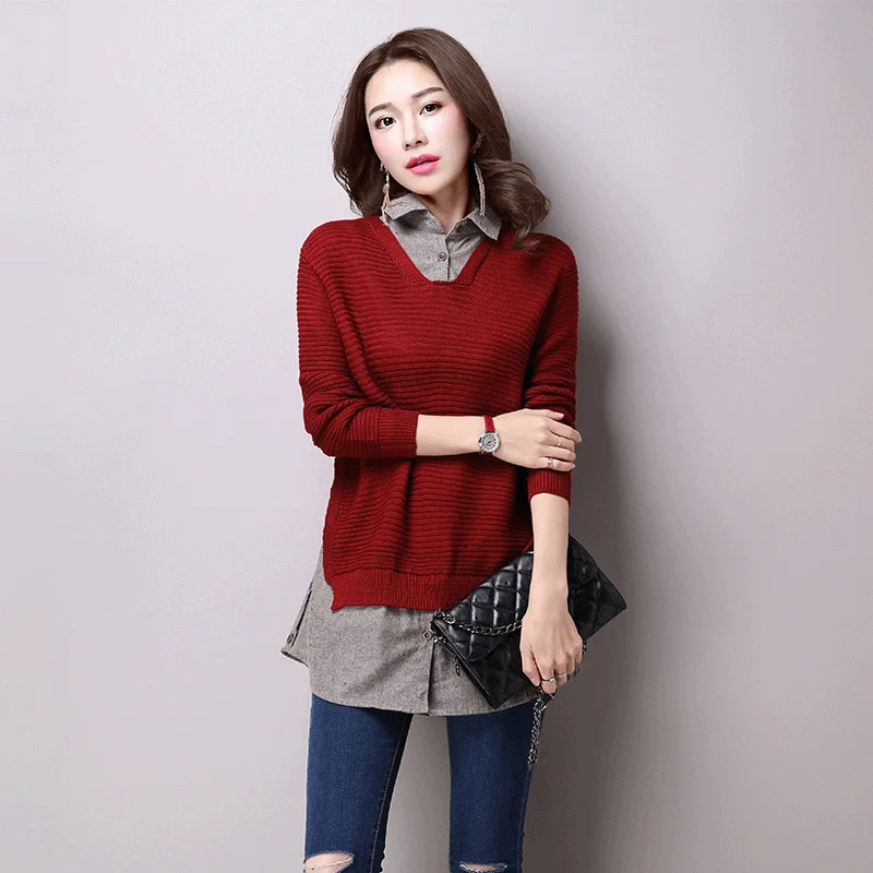 2016 New Women tops Fake two-piece shirt turn-down collar sweater slim fashion clothing women sweater Pullovers female 1012-65F