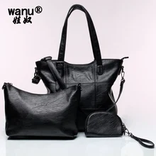 WANU новая овчина Женская композитная сумка большая черная сумка кожаная модная сумка через плечо женские офисные повседневные сумки подарок
