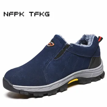 

men's casual plus size steel toe caps working safety warm fur cotton shoes winter plush cow suede leather security boots protect