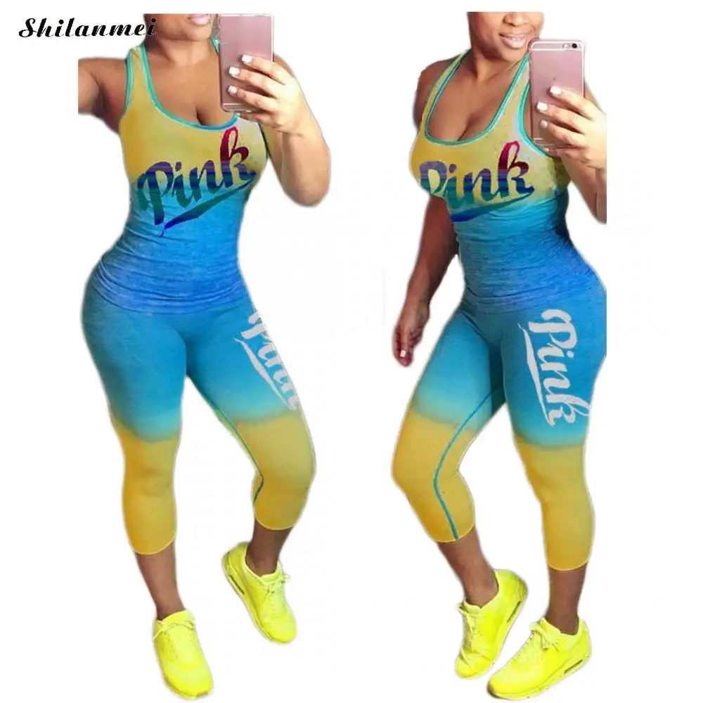 Blend T Shirt Tank Tops Skinny Pants Tracksuit Causal Skinny Sport Sets Plus Size 2 pcs Sets Women Pink Letter Print Summer Sets