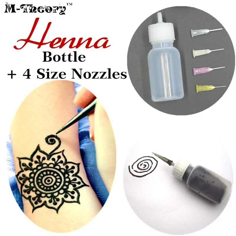 

M-theory Mehndi Henna Bottle + 4 Size Nozzles Henna Tatuagem Tatoos Applicator Temporary Tattoos Body Art Swimsuit Makeup Tools