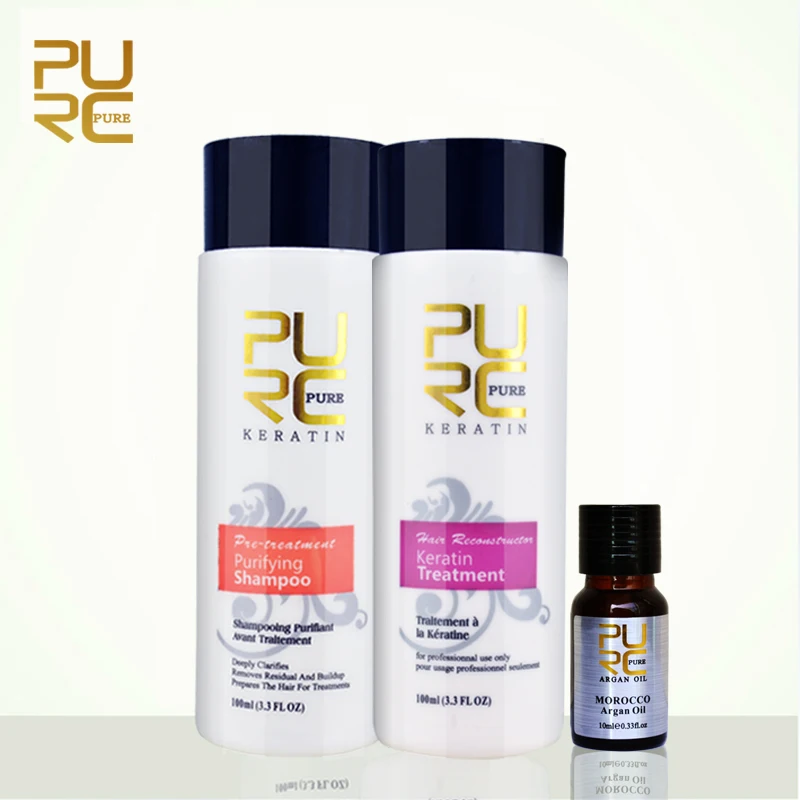 

3pcs/set PURC 100ml Brazilian Keratin Treatment+100ml Purifying Shampoo+10ml Argan Oil Repair Straighten Damage Hair Care