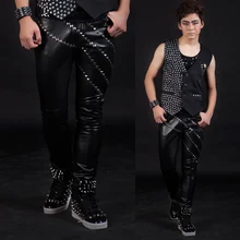 Для певцов в ночном клубе мужские заклепки тонкий мотоцикл кожаные брюки костюм мужские Модные Винтажные кожаные брюки для певицы танцовщицы