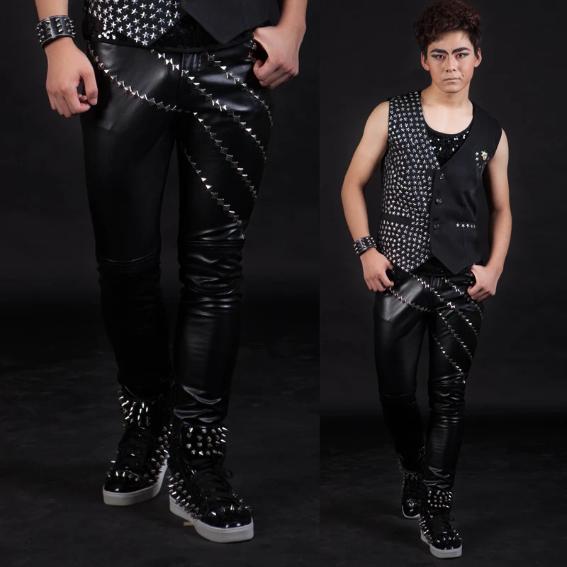singer Male Rivet Slim motorcycle leather pants costume Mens Fashion Vintage Leather
