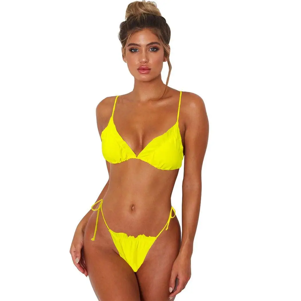 

Women Solid Two-piece V Neck Bra Low Waist Yellow Tie Casual Side Sleeveless Sexy Bikini Set Swimwear Suit
