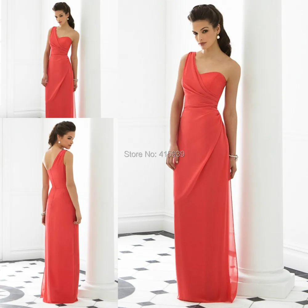 Free Shipping Coral Color Long Bridesmaid Dresses 2017 One Shoulder