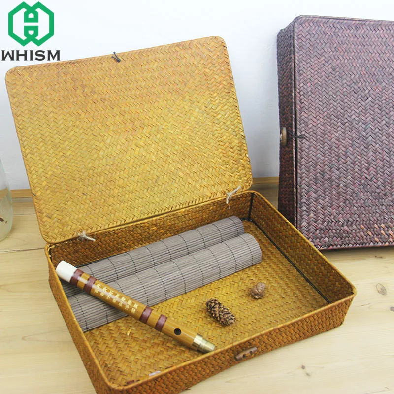 Preise WHISM Handarbeit Korb Kosmetik Make Up Organizer Schmuck Lagerung Box mit Abdeckung Reise Organisation Kinder Spielzeug Container