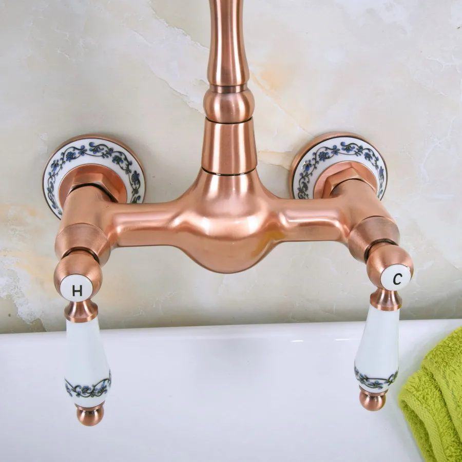 Antique Red Copper Brass Wall Mounted Bathroom Kitchen Sink Faucet Swivel Spout Mixer Tap Dual Ceramics Handles Levers anf953