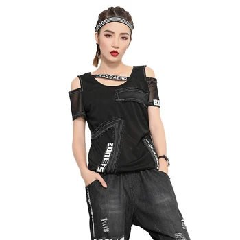 

Plus Size 2019 Fashion Women Casual T Shirt Tops Shirt Tees Streets Sexy Hip-hop Punk Personality Hole Denim Gauze T Shirt Tops