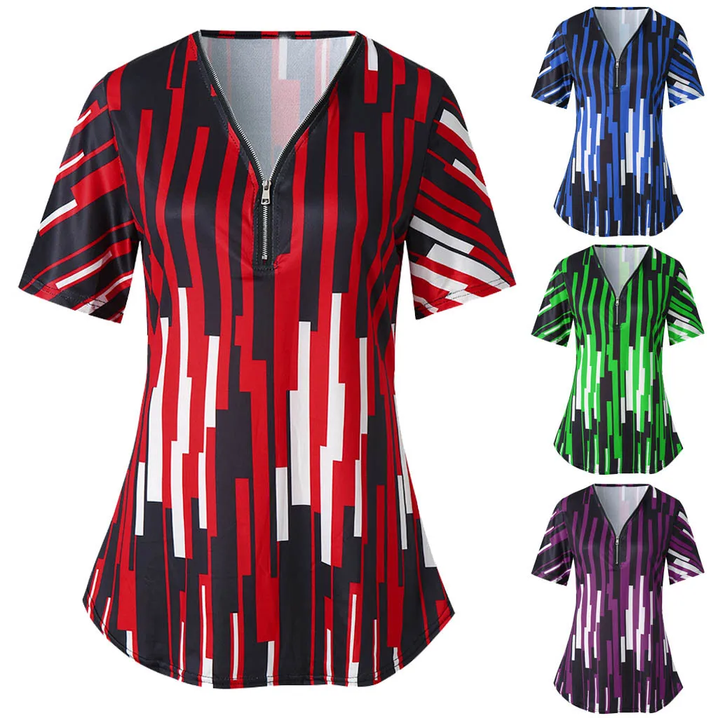 Женская блуза на молнии с принтом в полоску, короткий рукав, большой размер, блузка, рубашка, blusas mujer de moda, camisas, Женская туника
