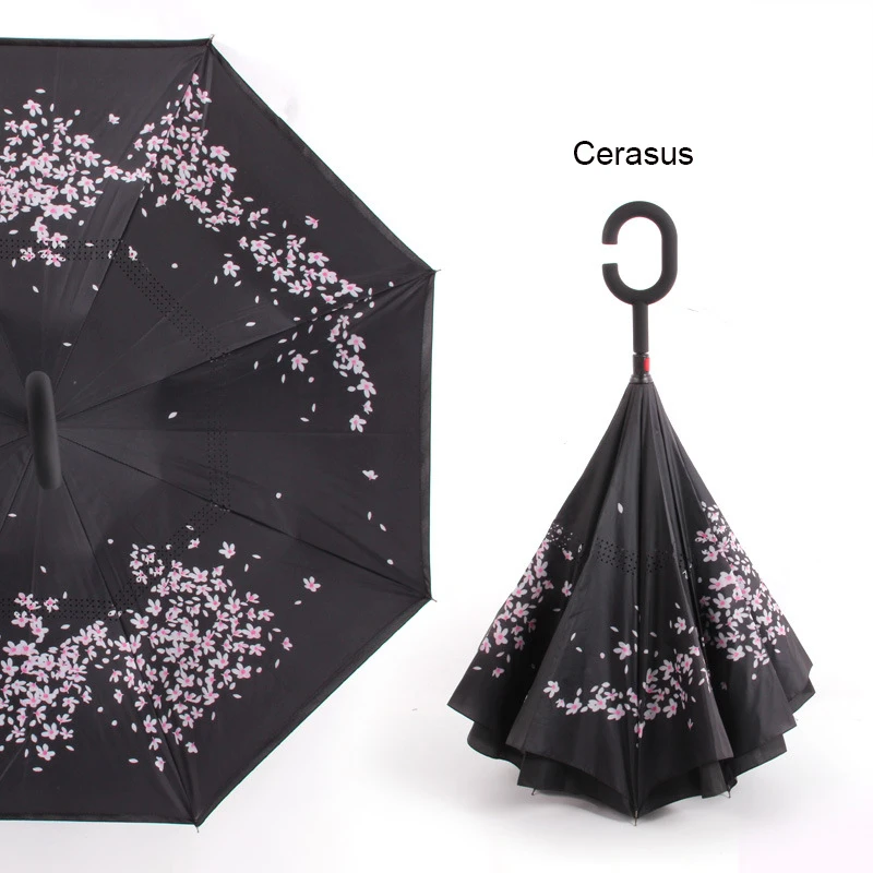 C ручкой ветрозащитный обратный складной зонтик для мужчин и женщин Защита от солнца дождь автомобиль перевернутый Зонты Двойной слой анти УФ Самостоятельная стойка Parapluie - Цвет: cerasus