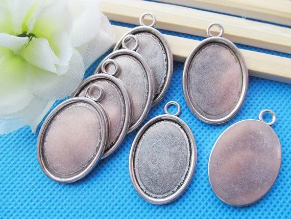 

50pcs Antique Silver tone/Antique Bronze Thick Oval Base Setting Bezel Tray Pendant Charm, fit 18mmx25mm Oval Cabochon/Cameo