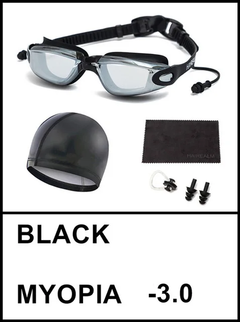 Очки для плавания по рецепту(близорукие 0-8,0 диоптрий), очки для плавания для близорукости+ шапочка для плавания+ зажим для носа+ беруши+ Сухая ткань - Цвет: Black-Set Myopia 300