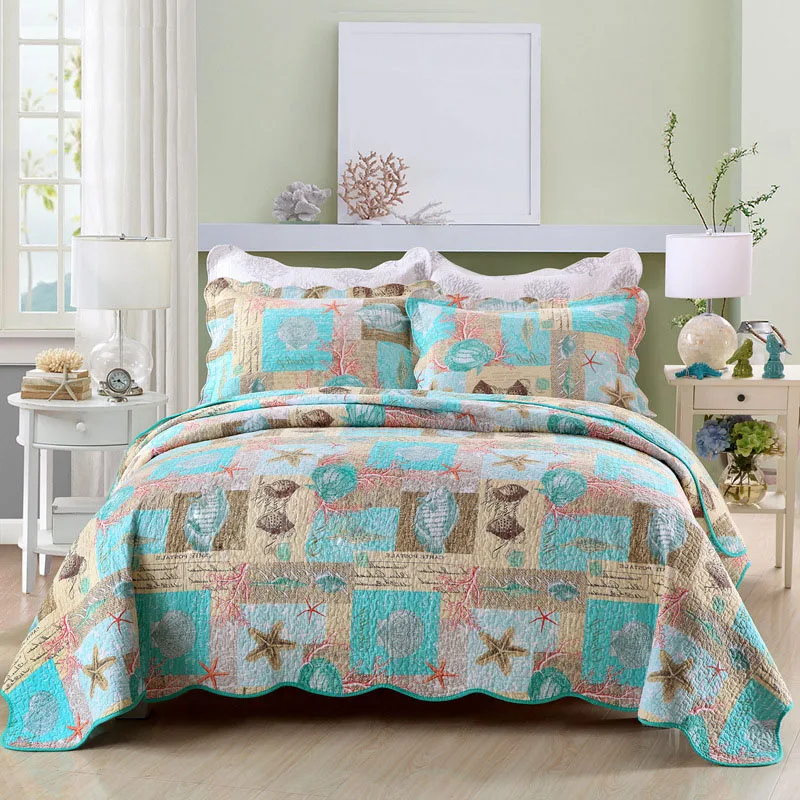 Marine Printed Bedspread Quilt Set 3pcs Cotton Quilts Quilted