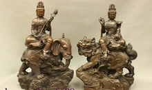 16 «Чистая Бронзовый WenShu PuXian Кван-инь Гуаньинь Ездить Слон Лев Статуя Будды