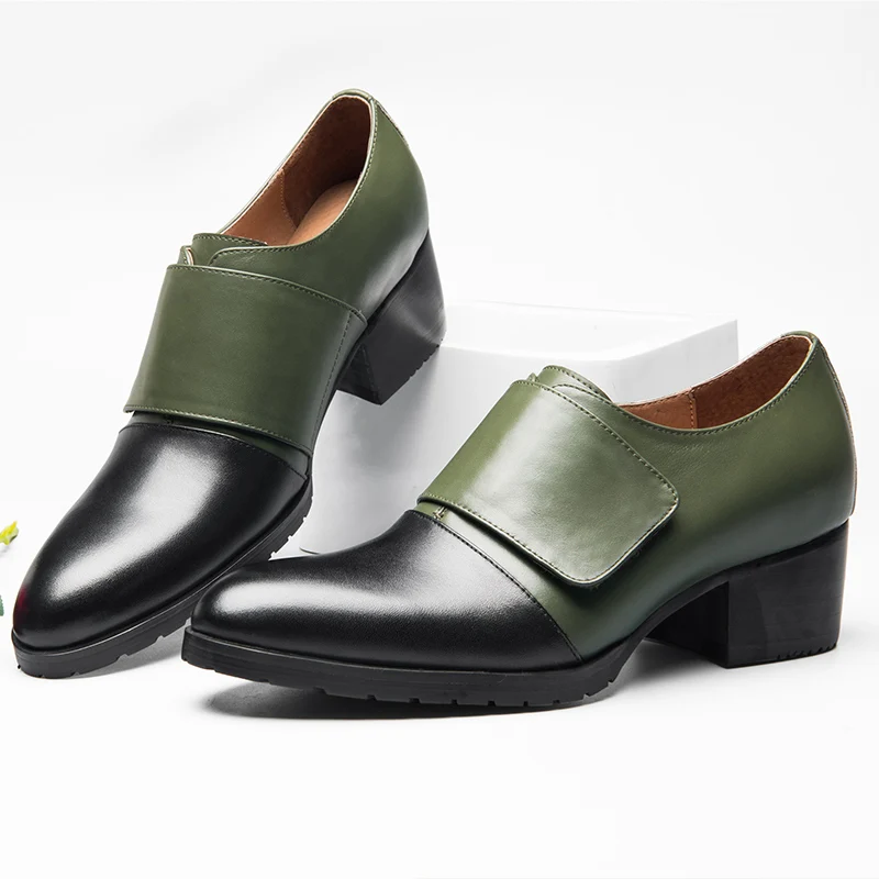 US Size 5-10 Trendy Men Pointed Toe Heels Genuine Leather Hook Loop Thick Heel Oxfords Business Man Dress Shoes Four Seasons US Size 5-10 Trendy Men Pointed Toe Heels Genuine Leather Hook Loop Thick Heel Oxfords Business Man Dress Shoes Four Seasons