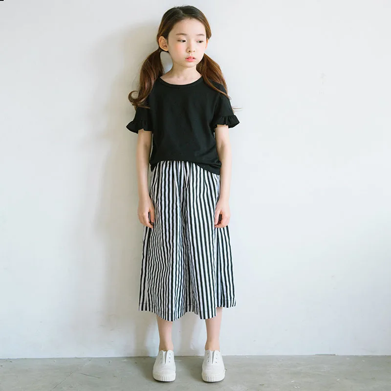 Pantaloni larghi del piedino per le ragazze dei bambini dei pantaloni delle  ragazze dei vestiti di estate di autunno della molla 2018 a righe sciolto  grandi pantaloni delle ragazze 8 10 anno|pants