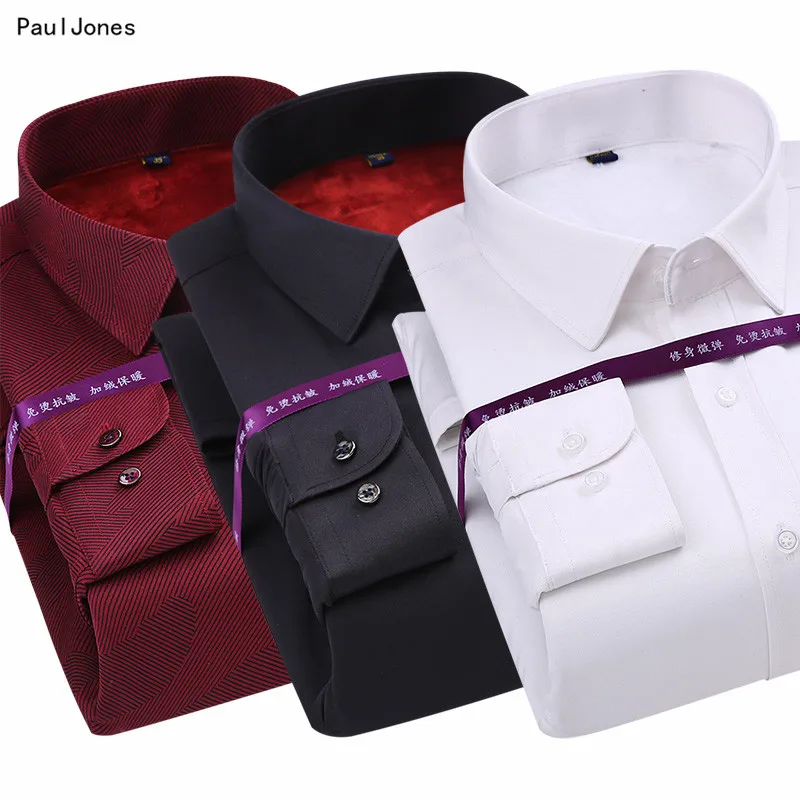 

PaulJones 2017 New Autumn Velvet Slim fit Long Sleeve Men Winter Shirts High Quality Thicken Casual Social Shirts Men's Clothing
