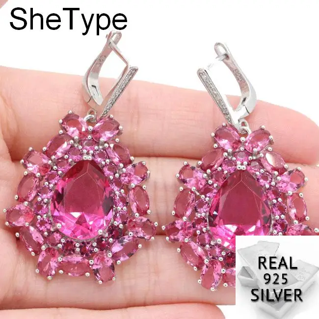 

Luxury Long Big Heavy 13.8g Pink Tourmaline Smokey Topaz Cubic Zirconia Woman's 925 Solid Sterling Silver Earrings 47x29mm