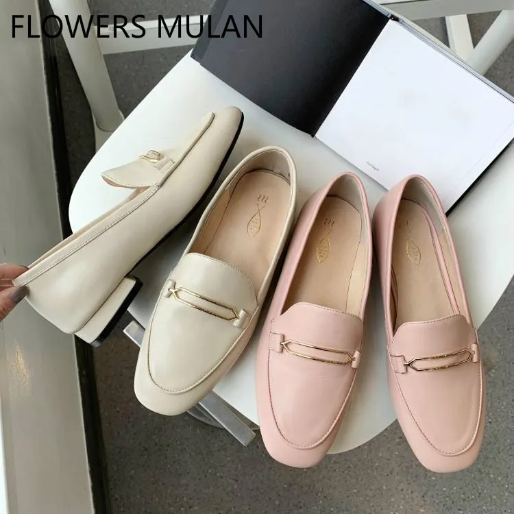 

Sweet Pink White Leather Women Loafers Round Toe Metallic Buckle Slip On Cozy Shoes Woman Mules Brand Zapatos De Mujer Runway