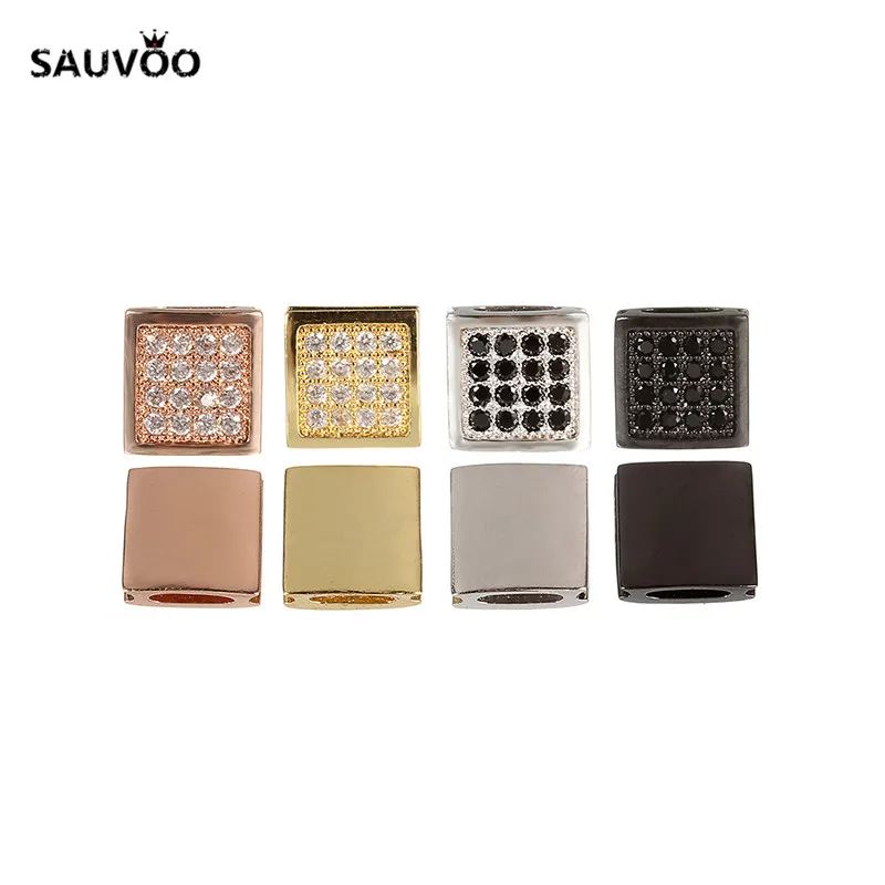 

SAUVOO 2pcs/lot Copper Crystal Zircon Flat Square Bracelet Necklace Spacer Charm Beads fit 5*1.5mm Wide Leather Cord Jewelry DIY
