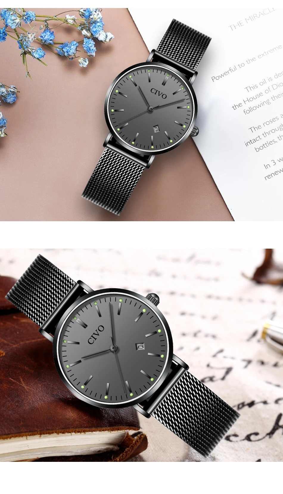 CIVO модные повседневные женские часы ультра-тонкие водонепроницаемые светящиеся стрелки женские часы черные стальные сетчатые наручные часы
