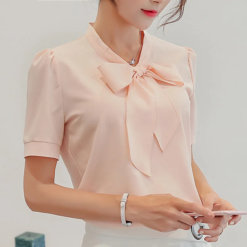 

2019 Summer Women Short Sleeve Blouses Female Chiffon bow-knot Solid Colours Ladies White Shirts Plus Size Women Clothing