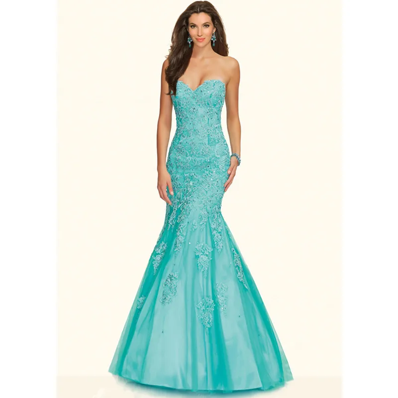 

Free Shipping 2015 Sexy Sky Blue Mermaid Prom Dresses Elegant Sweetheart Applique Long Evening Gown Vestido De Festa
